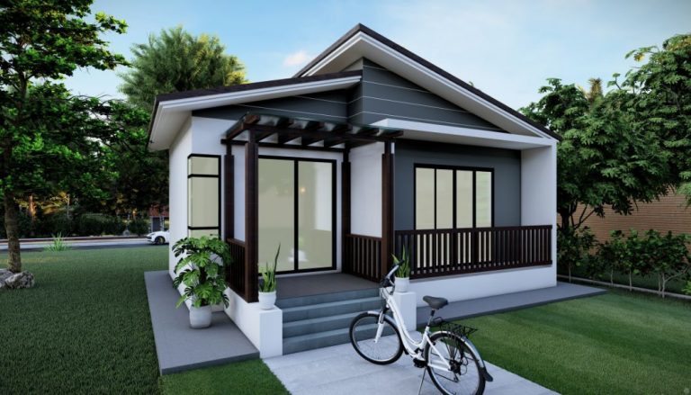 A 3D mockup illustration of a prefab home. It is white and brown, and has a white bike in front of it.